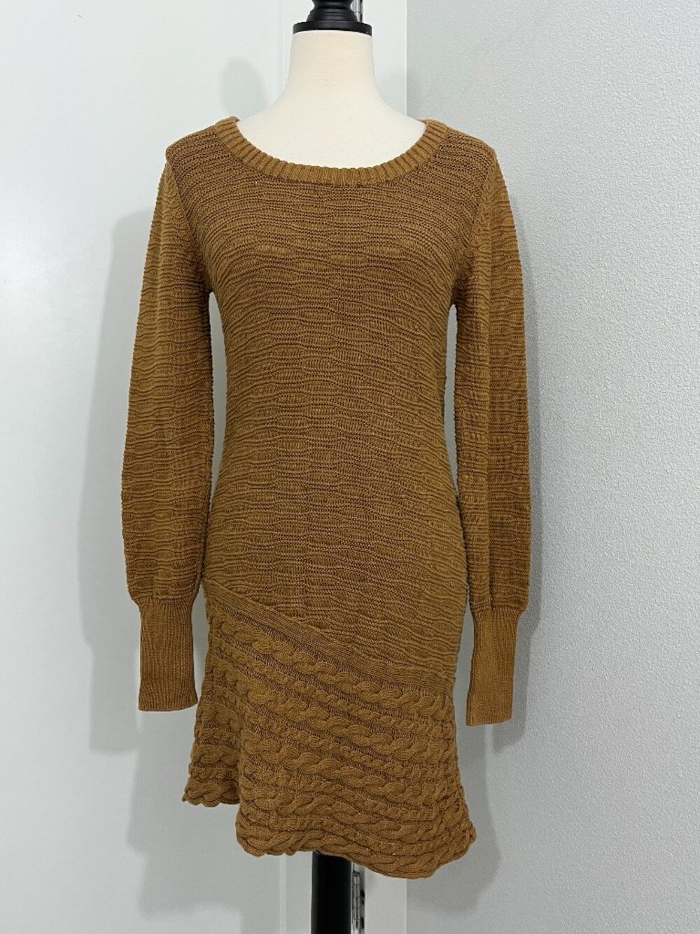 Prana Small Mustard Brown Open-Knit Long Sleeve Ruffle Sweater Dress